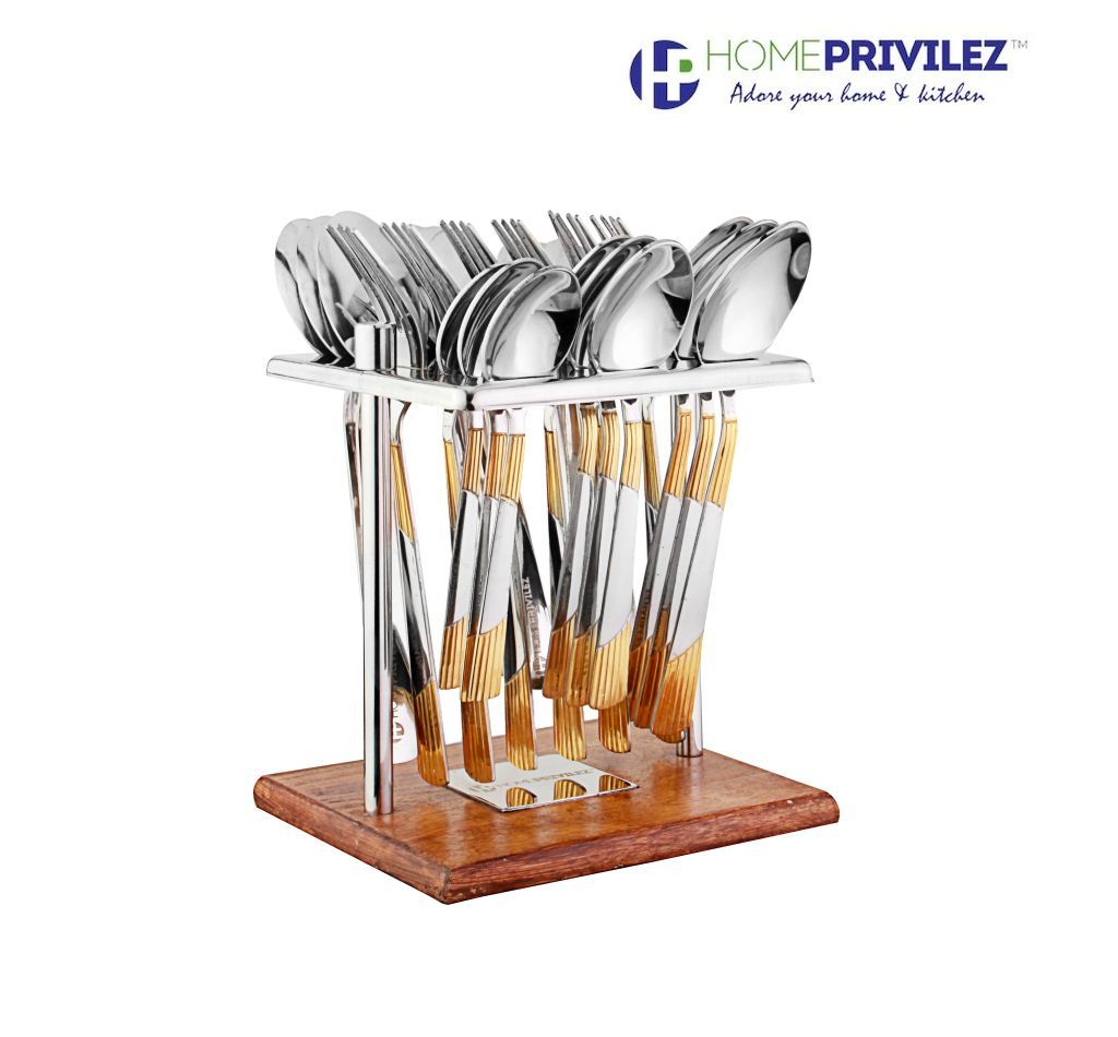 Luna cutlery-Stainless Steel and gold coated 24 pcs set in Stainless Steel stand with wooden base